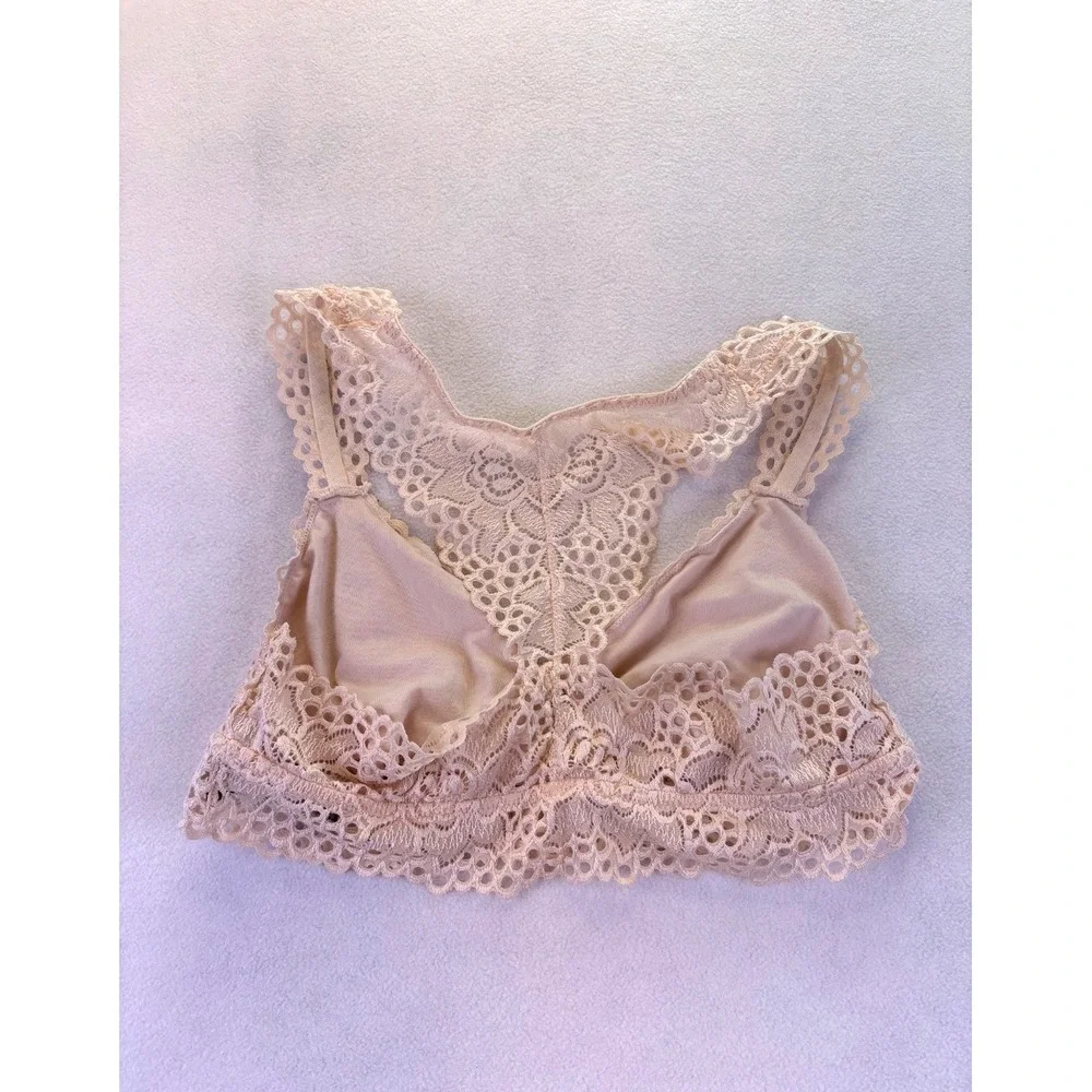 Aerie Peach Floral Lace Racerback Bralette XL Coquette Eyelet Scalloped Trim
